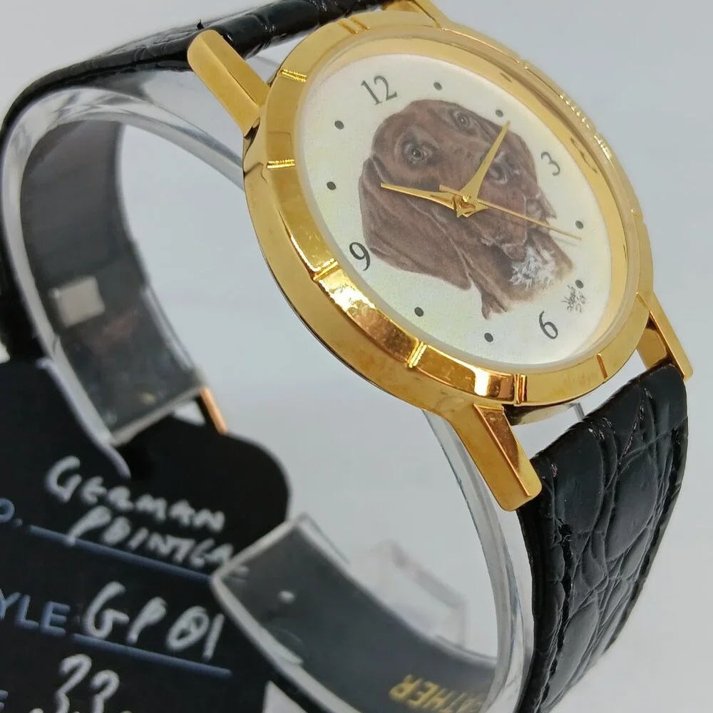 German Pointer 33mm Women's Gold Tone Black Leather Band Dog Watch